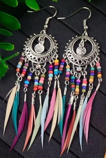 ~ Long Feather Dangle Earrings ~