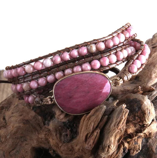 ~ Rhodochrosite Bohemian Multi-Wrap Bracelet ~