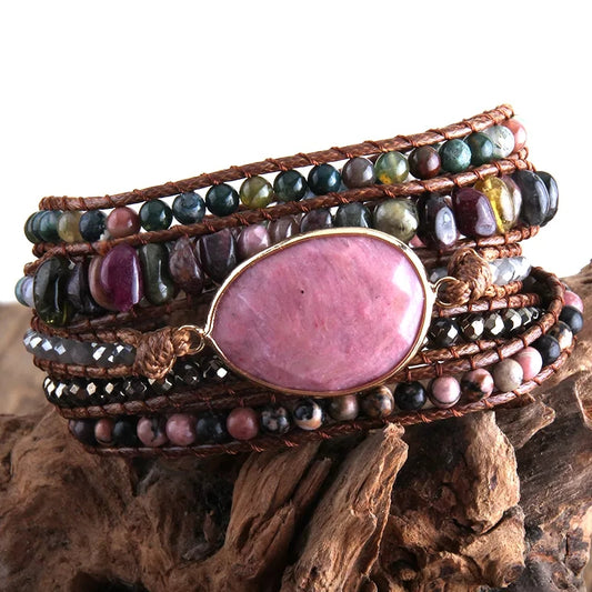 ~ Rhodochrosite Bohemian Multi-Wrap Bracelet ~