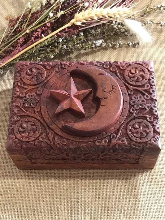 ~Wooden Star & Moon Hand Carved Trinket/Keepsake Box~